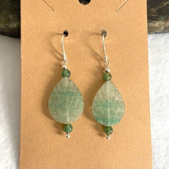 Sterling Silver 925 Beaded Carved Jadeite & Tourmaline Leaf Dangle Earrings - Picture 2 of 16